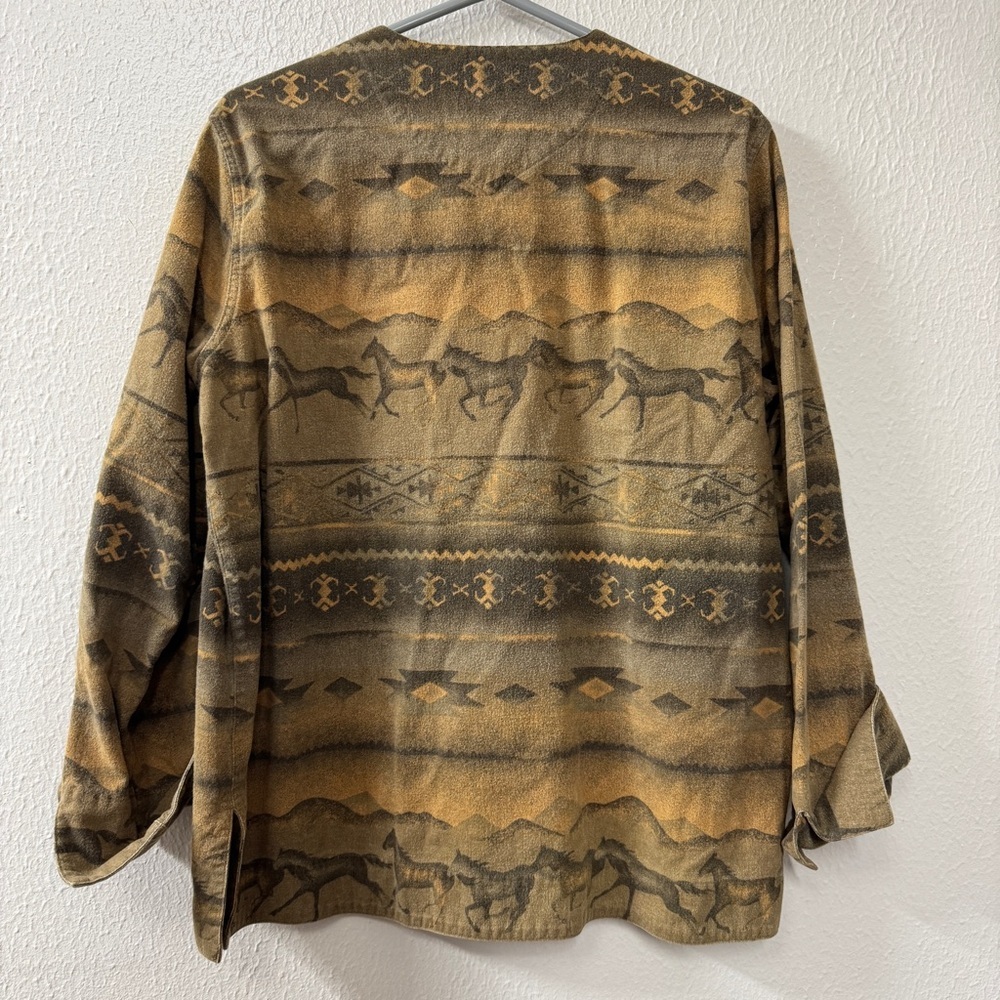 Vintage Cabela's Brown and Tan Southwestern Horse-Print Long Sleeve Cotton Shirt - Picture 2 of 10